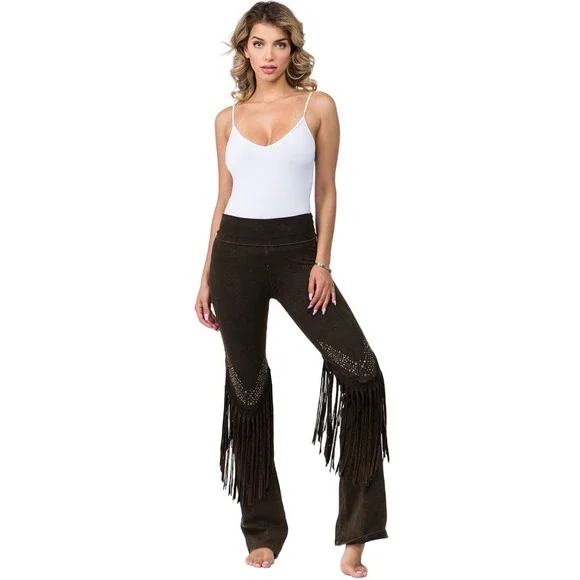 T Party Boho Western Studded Fringe Flare Pants Brown Acid Wash Size Small - Picture 10 of 10